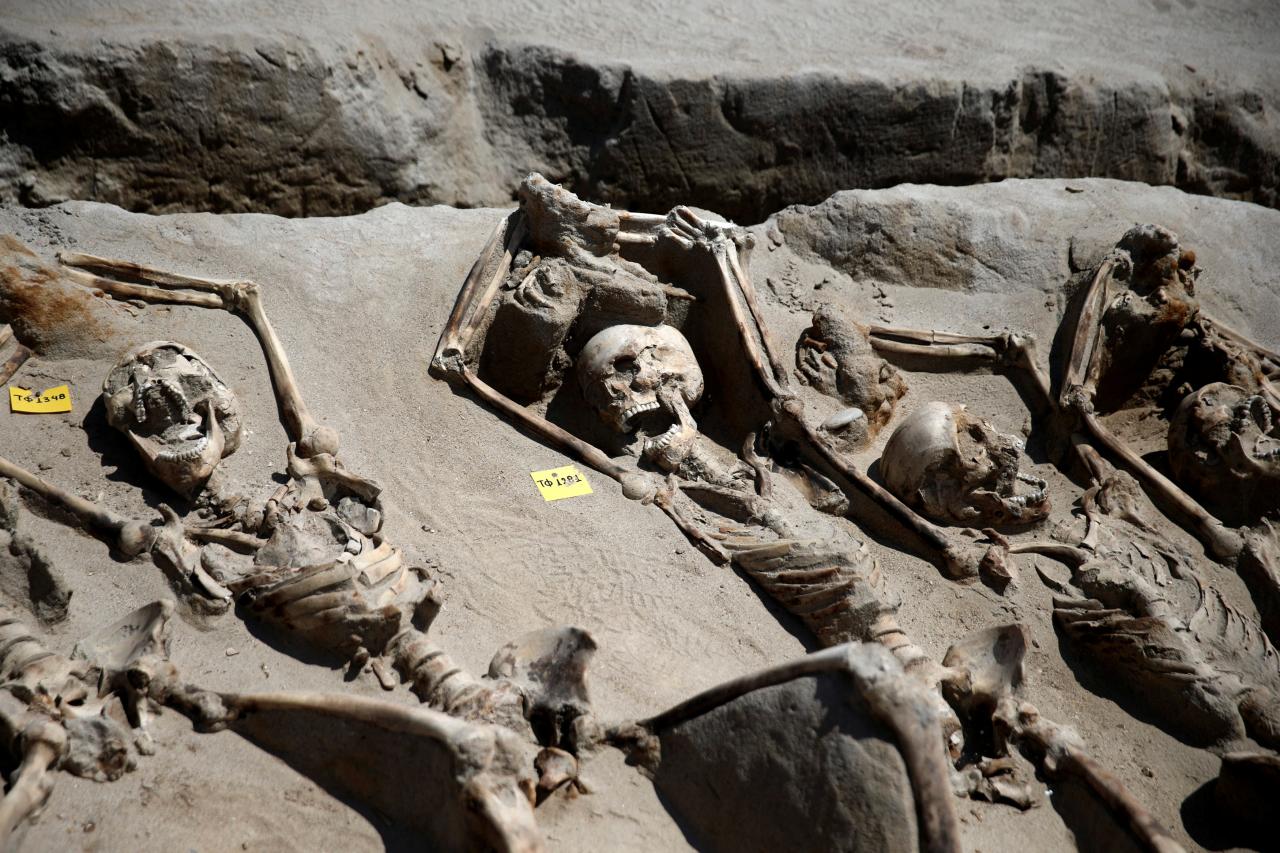 Skeletal remains, with iron shackles on their wrists, are laid in a row at the ancient Falyron Delta cemetery in Athens