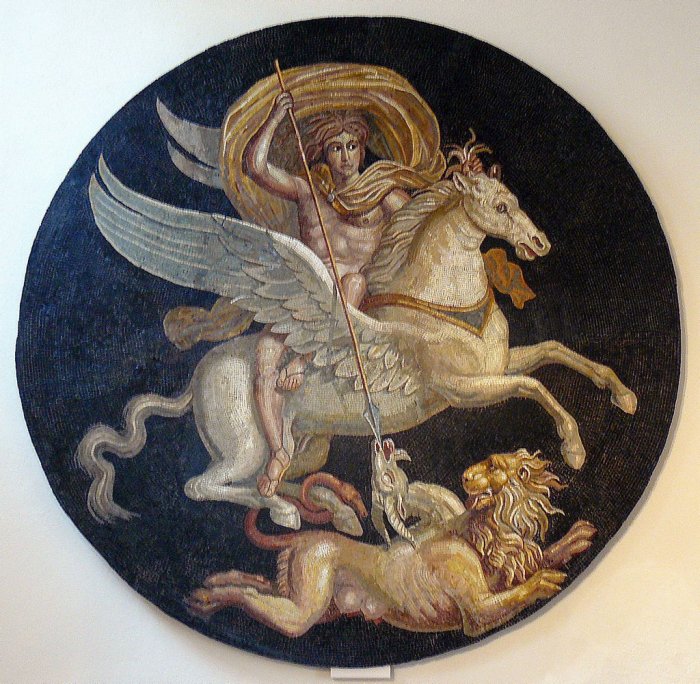 Bellerophon mounted on Pegasus and slaying the Chimera. Central medallion restored from a Roman mosaic of more than 100 m2 discovered in 1830 in Autun (Saône-et-Loire, France)