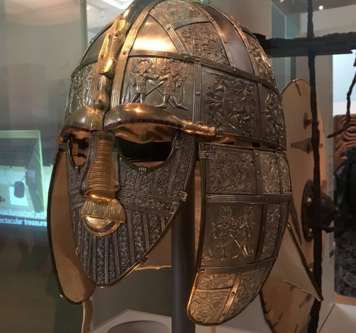 The famous Anglo-Saxon Sutton Hoo helmet from about 625 CE, part of the British Museum collection.PH๏τo: Elissa Blake/University of Sydney. Credit: Elissa Blake/University of Sydney