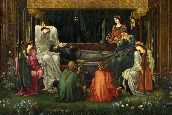 A detail of The Last Sleep of Arthur in Avalon by Edward Burne-Jones (1898), showing Morgan (with her sisters) in her initial literary portrayal and role from Geoffrey of Monmouth's 12th-century poem Vita Merlini. Image credit: Edward Burne-Jones – Public Domain