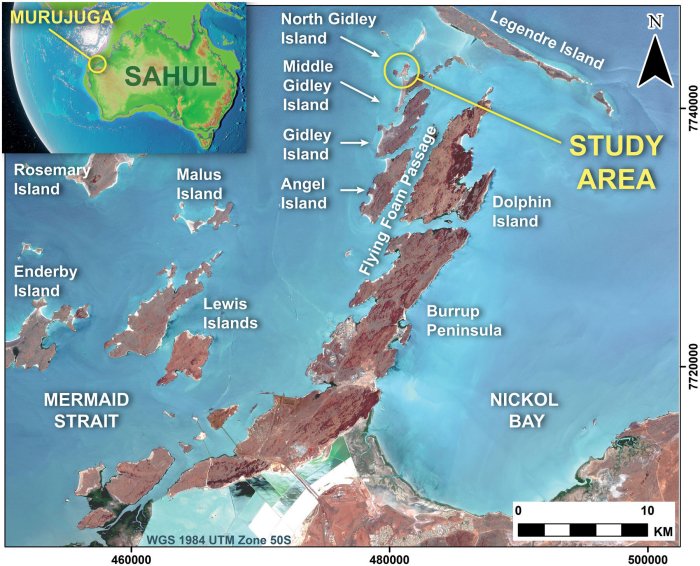 The islands of Murujuga, showing the location of the study area. The extent of the sub-aerially exposed land. Copernicus Sentinel data 2016 for Sentinel data. Credit: Leach et al in Australian Archaeology