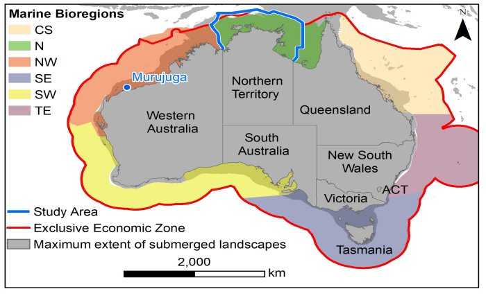 The study area relative to the main terrestrial and offshore regions of Australia, based on state and marine bioregions. Contains GEBCO 15 ArcSecond raster data (Public Domain) and Maritime Boundaries Geodatabase: Maritime Boundaries and Exclusive Economic Zones (200NM) (version: 11) (CCBY 4.0). CS = Coral Sea; N = North; NW = North-West; SW = South-West; SE = South-East; TE = Temperate East. Credit: Dr John McCarthy in Australian Archaeology