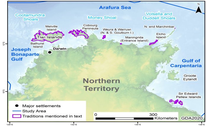 Locations of oral traditions with possible connections to sea-level change recounted by Aboriginal communities in the Northern Territory. Credit: Dr John MccArthy in Australian Archaeology. Topography and bathymetry from the SRTM30-plus v 8.0 via the eAtlas service, CC BY 4.0