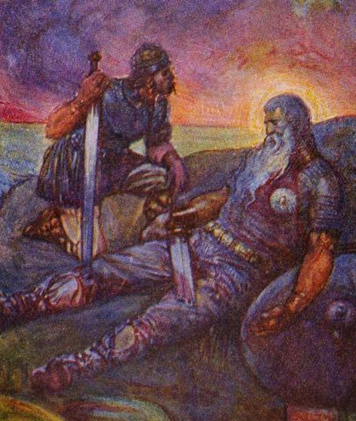 Wiglaf is the single warrior to return and witness Beowulf's death. Illustration by J. R. Skelton, 1908. Public Domain