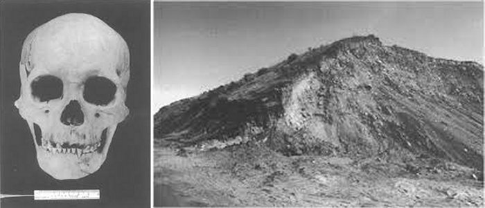 Left: Skull of Buhl Woman Right: Burial where the Buhl Woamn was discovered.