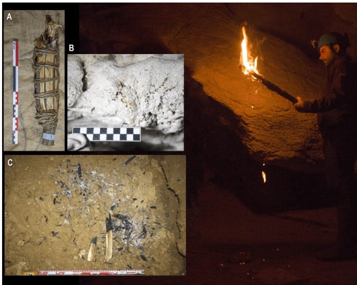 Examples of replicated paleolithic torche. Notice combustion marks left on the cave walls (B) and fallen remains from the torch on the cave floor (C). Credit: PLOS ONE.