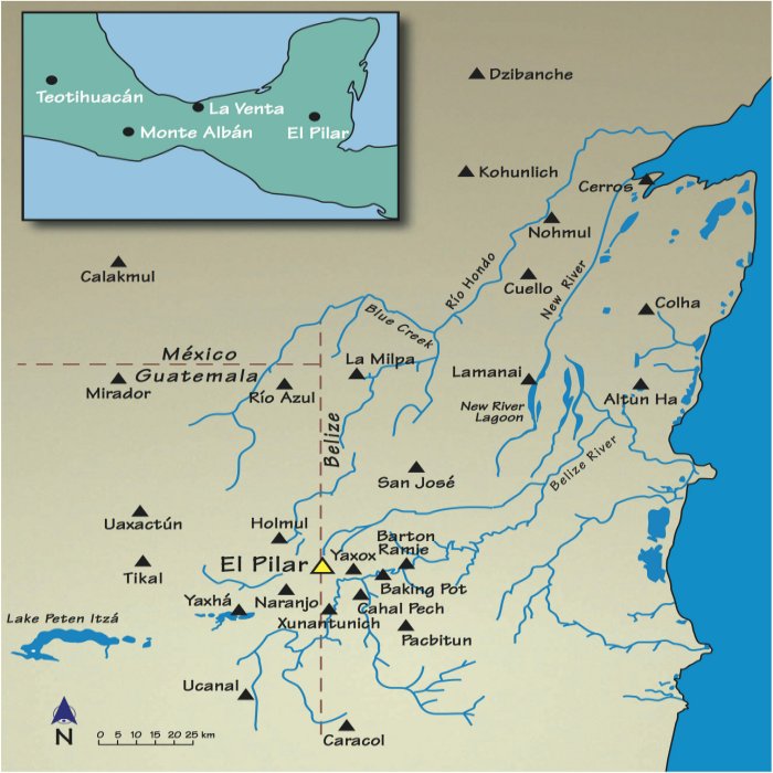 Mesoamerica and the Maya Lowlands with El Pilar at the ecotone between the interior and the Belize River, with other major civic centers Indicated. Credit: MesoAmerican Research Center.