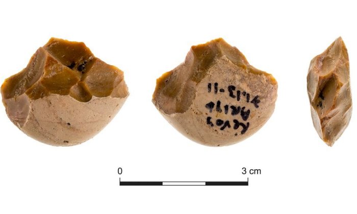 A chopping tool from prehistoric site Revadim. (photo credit: RAN BARKAI)