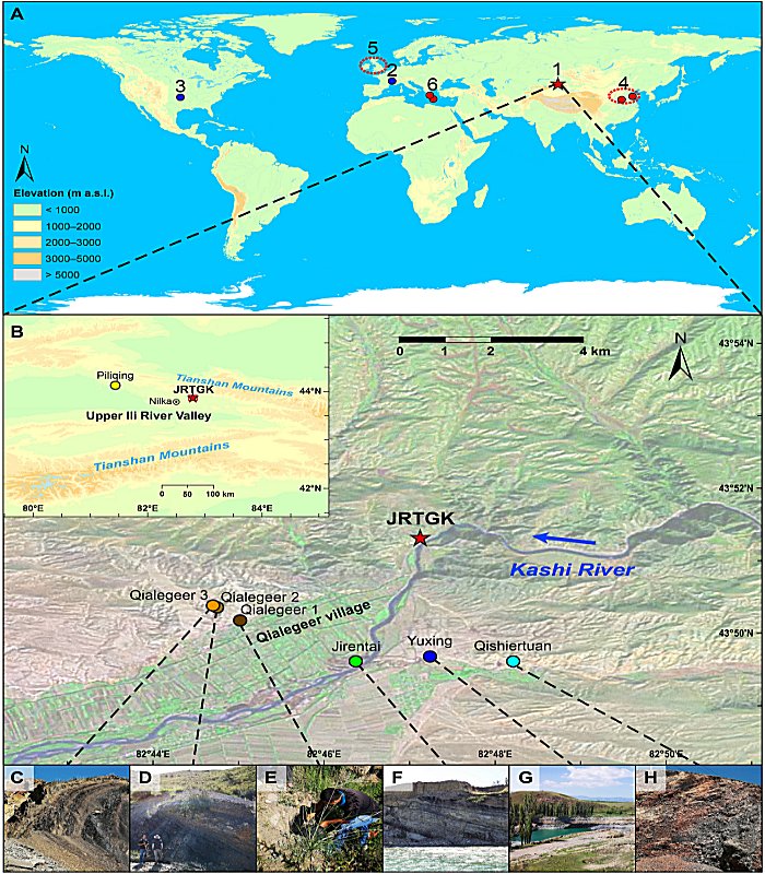 Fig. 1. Geographic setting of the archaeological sites and the coal outcrops mentioned in this study. (A) Places known for the early utilization of coal fuel: (1) JRTGK (this study), (2) two Paleolithic sites in southern France (14, 15), (3) Lewisville Paleolithic site in North America (13), (4) sites with reported use of coal for fuel in central China (16, 20), (5) Roman Britain (19), and (6) two Late Bronze Age sites with evidence of lignite combustion in eastern Mediterranean (17). (B) Geographic setting of JRTGK and the relevant coal outcrops. (C to H) Images of the coal outcrops near the site, with dashed lines indicating their positions.