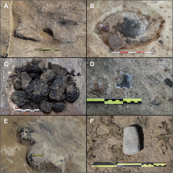 Fig. 2. Typical archaeological remains related to coal exploitation at JRTGK. (A) Coal ash unearthed from the floor of house site F1. (B) Coal pile unearthed from pit H112 in house site F25. (C) Coal lumps unearthed from house site F3. (D) Coal fragments incompletely burnt in stratum T2L3a. (E) Coal storage location near a furnace. (F) Stone artifact unearthed near a coal pile that was highly likely used for the coal fuel process.