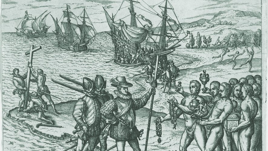 This Eurocentric engraving by Theodore de Bry in 1592 formed part of his America Series and showed Christopher Columbus landing on the Caribbean island of Hispaniola in 1492. De Bry published 25 books based on firsthand observations by explorers but never visited the New World. In this image we can see how he shows Columbus in a position of power and control. His books became famous and greatly influenced the European perception of the New World, Africa and Asia.