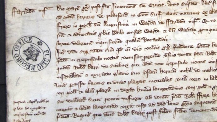 An example of the Coroners' rolls, this one recounting the 'Death of Hervey de Playford', London Roll 1315/16.