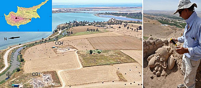 Utgrävningar i Hala Sultan Tekke med två stadskvarter i förgrunden, hamnen till vänster och Medelhavet i bakgrunden. Utgrävningsledare Peter Fischer vid ett förrådsrum.