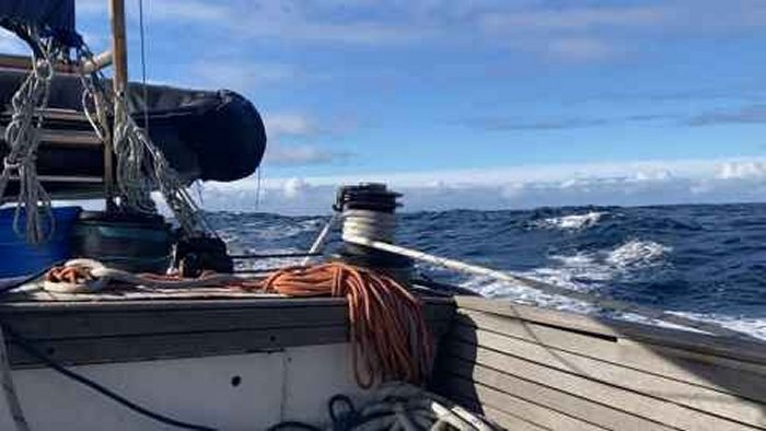 Big seas in the southern ocean aboard Evohe, a 25-meter passenger vessel specializing in research and natural history filming expeditions. Credit: University of Auckland