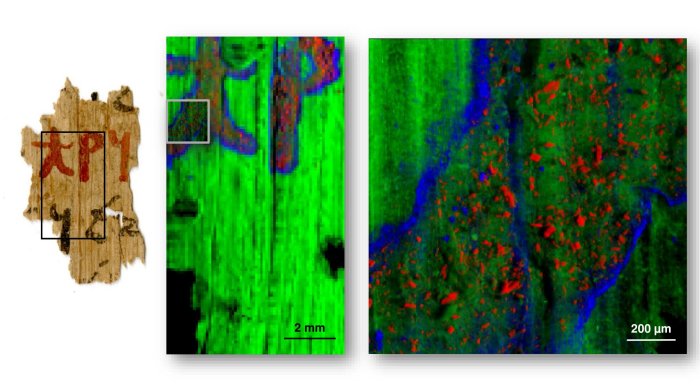 A papyrus fragment from a long astrological treatise (inv. P. Carlsberg 89) from the Tebtunis temple library and the ESRF X-ray fluorescence maps showing the distribution of iron (red) and lead (blue) in the red letters that write out the ancient Egyptian word for 