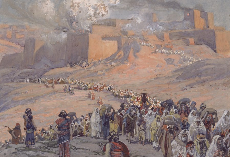 An artist's depiction of the deportation and exile of the Jews of the ancient Kingdom of Judah to Babylon and the destruction of Jerusalem and Solomon's temple. Jewish Museum, New York, NY. Public Domain