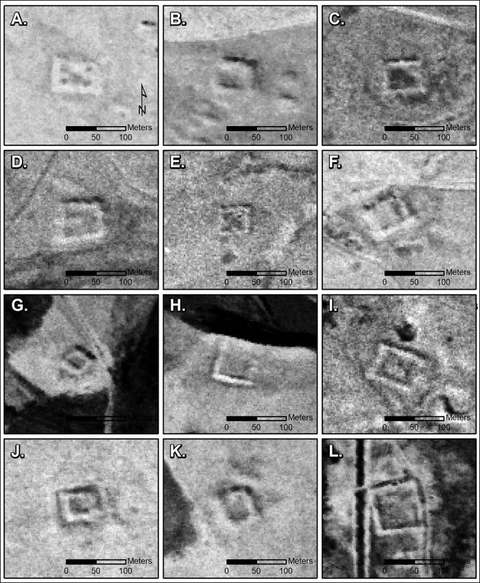 Sample of small forts recorded by Poidebard: A) Cholle (CRN5958); B) CRN2657; C) CRN2545; D) Tell Seyh Hamed (CRN774); E) CRN2857. Newly documented small forts: F) CRN2947; G) CRN2967; H) CRN10098; I) CRN2593; J) CRN10050; K) CRN10092; L) CRN10095 (figure by authors; CORONA imagery courtesy US Geological Survey).