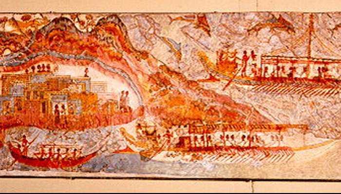 Minoan fresco of the town of Akrotiri, Santorini, Greece