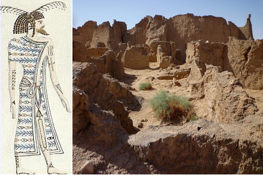 Left: Ancient Libyan, possibly Garamante, depicted in the tomb of Pharaoh Seti I. Image credit: Unknown (original) Heinrich Menu von Minutoli (1772–1846) (drawing) – Public Domain: Right: Ruins of Garama, the central city of the Garamantes. Image credit: Franzfoto - CC BY-SA 3.0