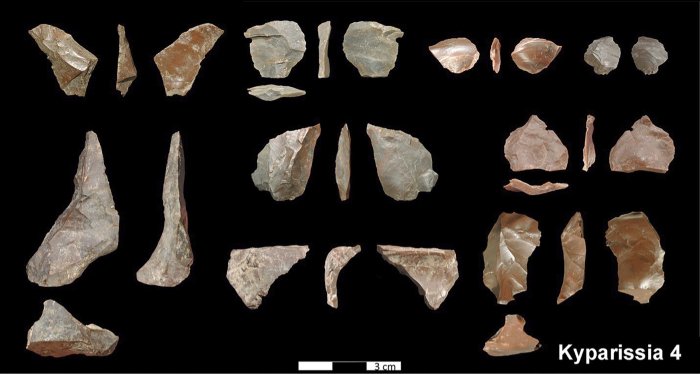 In this undated photo provided by the Greek Culture Ministry, on Thursday, June 1, 2023 shows stone tools dated about 700,000 years ago. The Culture Ministry said that a five-year international project in Megalopolis, southern Greece, has uncovered the oldest-known archaeological site in the country, pushing back the dawn of Greek archaeology by up to 250,000 years. Credit: Greek Culture Ministry