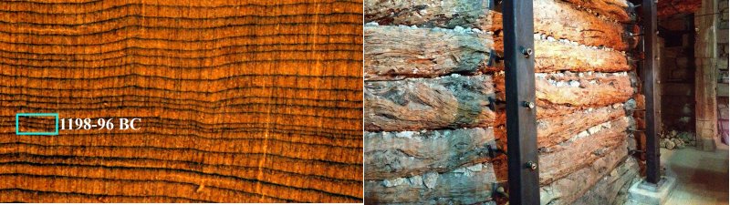 The growth rings inside a juniper tree, combined with isotope records, helped researchers pinpoint a likely culprit for the collapse of the Hitтιтe Empire: three straight years of severe drought, approximately 1198–96 BC, in an already dry period. Right: A wooden structure inside the Midas Mound Tumulus contains a hidden paleoclimatic record of the region. Image source: John Marston 