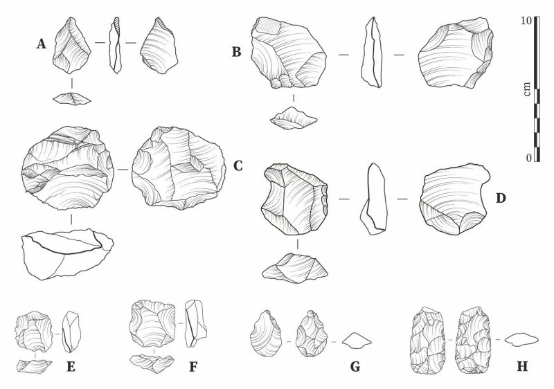 Lithics from Laminia (A–D) and Saxomununya (E–H). (A) unretouched flake; (B) bifacially retouched flake; (C) Levallois… [more] Jacopo Cerasoni. Figure licensed under CC-BY-4.0