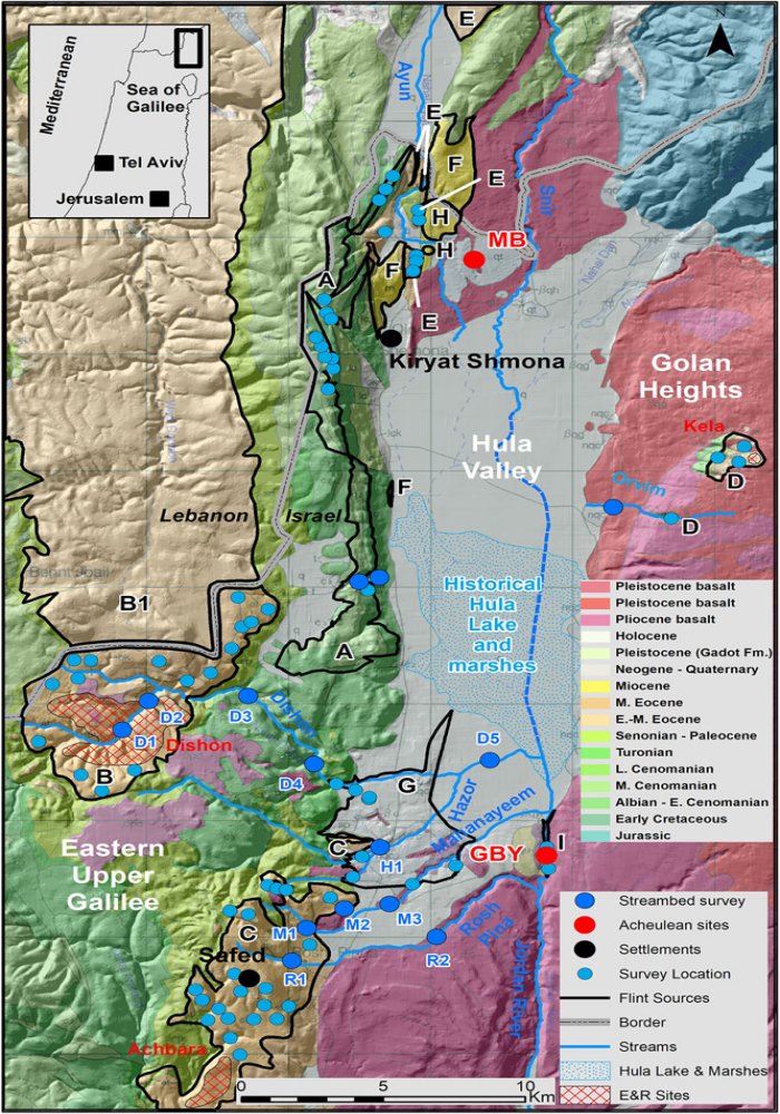 Geography, geology, Lower Paleolithic sites, surveyed areas, and extraction and reduction complexes and locations in the research area (geological map after Sneh et al., 1998). Capital letters correspond to different exposures (paragraph 1.3) and surveyed areas (paragraph 3.1).