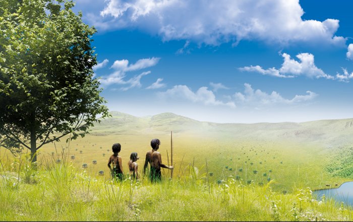 Artist illustration of hominins arriving in a multi-biome mosaic landscape. Such environments were greatly preferred by early humans, according to a new study published in the journal Science by a team of scientists from South Korea and Italy (Copyright, IBS Center for Climate Physics). Credit: Institute for Basic Science