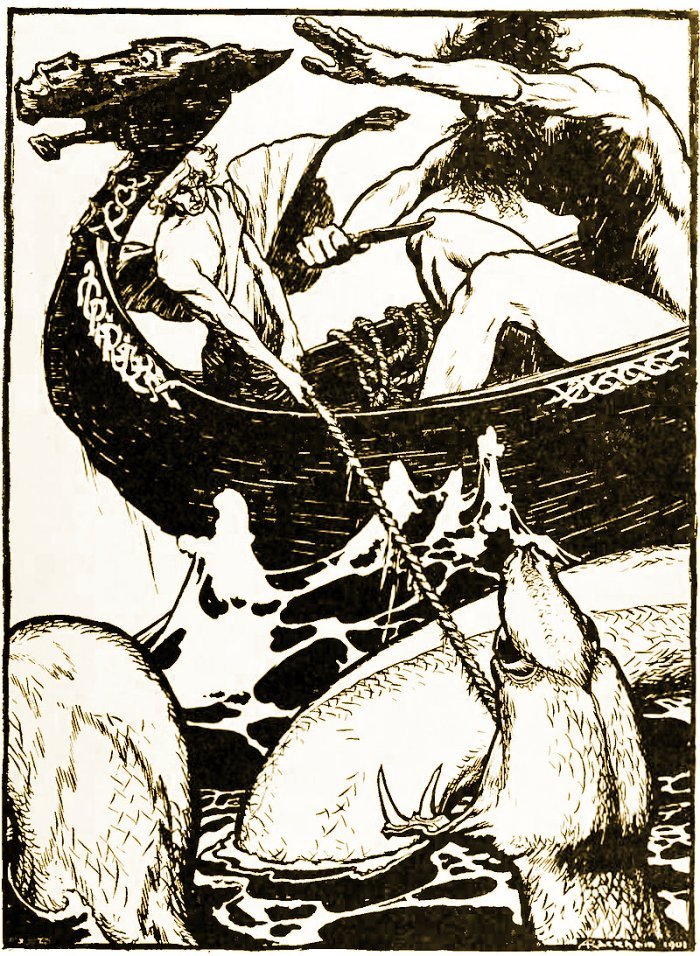 Hymir rushed forward and cut through the line. Image credit: Rackham, Arthur (ed.) (1907).