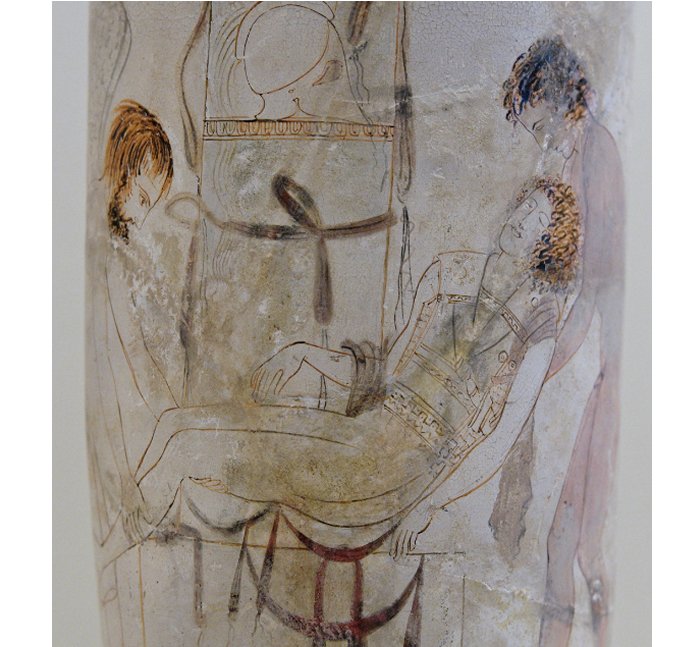 Hypnos and Thanatos carrying the body of Sarpedon from the battlefield of Troy; detail from an Attic white-ground lekythos, ca. 440 BC.