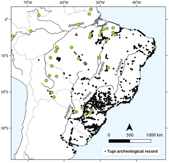 The Tupí-Guaraní languages used in this study (in green) and the Tupían (non-TG) Awetí (in blue), and Mawé (in red), along with the distribution of the TG archaeological record (black dots). Prepared by the authors with QGIS 3 [29], based on based on public domain data and raster images from “Natural Earth”, including data from [30–32] and an unpublished database by Corrêa and Noelli. Credit: PLOS ONE (2023). DOI: 10.1371/journal.pone.0272226