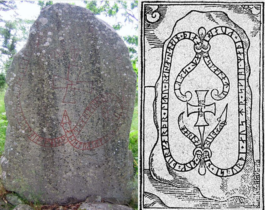 Left: One of the Serkland runestones (drawing) - Runestone U 439. Image credit: Johannes Bureus (1568-1652) – Public Domain; Right: Runestone U 644 – is more than 2 meters high and was mentioned for the first time in the 17th century. Image credit: Berig – Ekilla Bro.