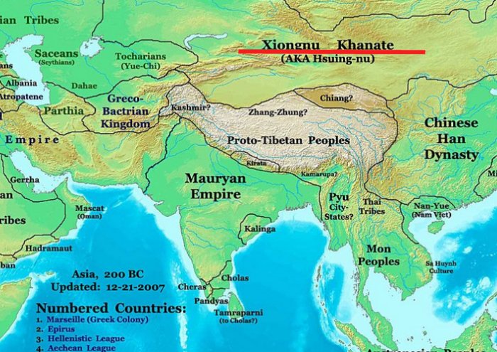 Asia in 200 BC, showing the early Xiongnu state and its neighbors