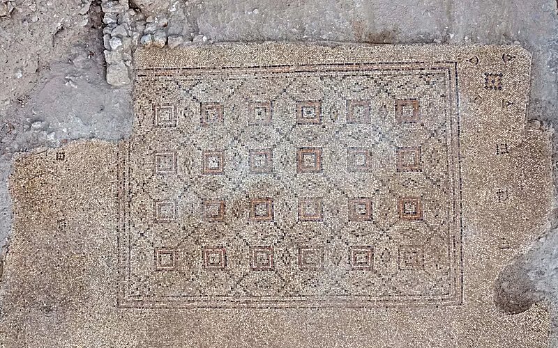 A 1,600-year-old mosaic on display in Yavne on April 26, 2021. Image credit: Assaf Peretz, Israeli Antiquities Authority