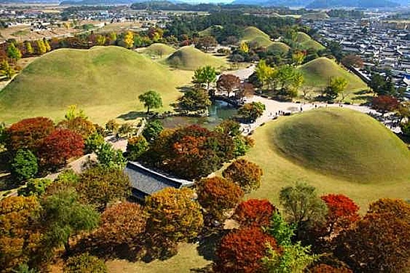 Aerial view of Daereungwon Tomb Complex (4-6th century AD) in Gyeongju, the former capital of Korea, now tourist open-air museum city. © Korea Tourism Organization.