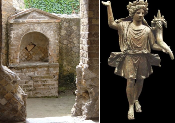 Left: Household altar in Herculaneum (Italy). Right: Bronze Lar Familiaris from the 1st century CE (M.A.N., Madrid