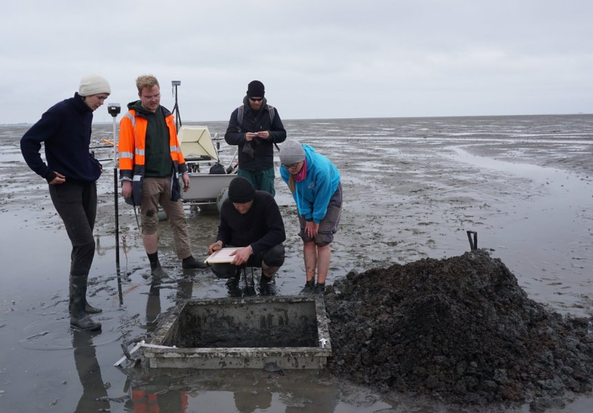 A special metal frame allows archaeological excavations of one square meter in the tidal flats. The finds are excavated and documented during low tide. (pH๏τo/©: Ruth Blankenfeldt)