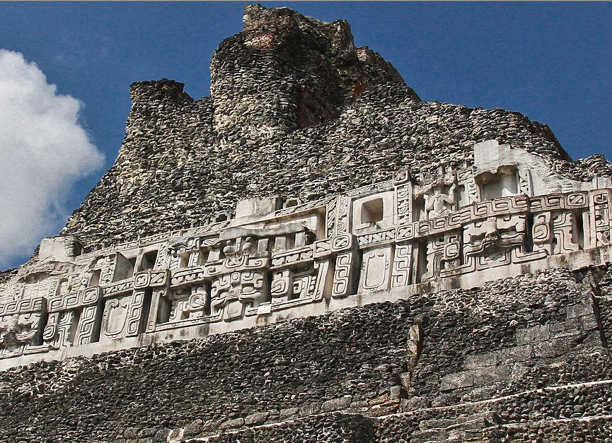 Carvings on the peak of the El Castillo pyramid (Structure A6) at Xunantunich, Belize