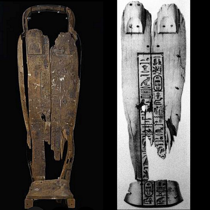 Left: Fragments of the lid of a wooden coffin have been found, probably from a restoration of the burial from the 26th Dynasty. The inscriptions on the wooden coffin name the owner 