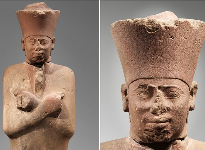 Left: Statue, statue of king, MentuH๏τep, Nebhepetre. Right: Statue, standing king, MentuH๏τep, Nebhepetre. 