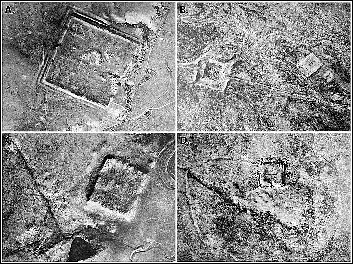 A sample of Poidebard's (Reference Poidebard1934) aerial photographs: A) fort at Qreiye; B) Roman fort and medieval caravanserai at Birke; C) fort at Tell Zenbil; and D) castellum at Tell Brak.