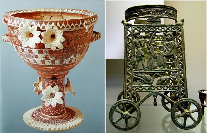 Left: Kamares crater banquet vessel with decorative lillies. Phaistos. Old-Palace period (1800-1700 BC); Right: Minoan bronze stand, c.1400BC Cyprus, exhibited at The British Museum.