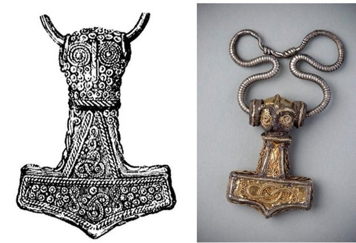 Left: Drawing of a Viking Age gold-plated silver Mjölnir pendant (length 4.6 cm) found at Bredsätra in Öland, Sweden, now kept in the Swedish Museum of National Antiquities. Right: A 10th century Thor's Hammer (Mjölnir) from Odeshog, Sweden