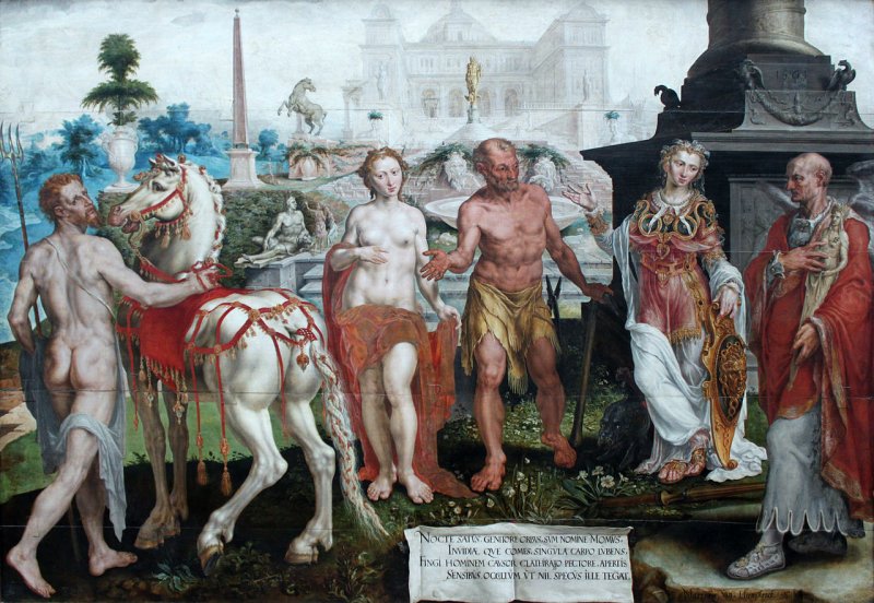 Momus Criticizes the Gods' Creations, by Maarten van Heemskerck, 1561, Gemäldegalerie, Berlin. Public Domain