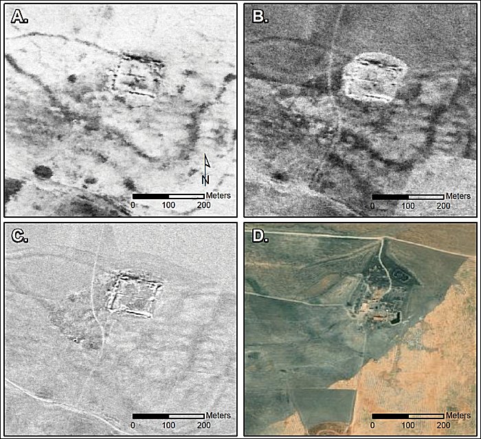 Castellum at Tell Brak: A) CORONA (1102, 17 December 1967); B) CORONA (1105, 4 November 1968); C) HEXAGON (1204, 17 November 1974); and D) modern satellite imagery (© ESRI and Maxar Technologies) (figure by authors; CORONA and HEXAGON imagery courtesy US Geological Survey).