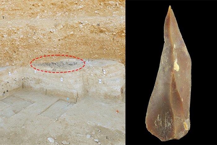 View of the Boker Tachtit excavation site. Circled: a group of unearthed flint stone artifacts; Flint point representative of the Upper Paleolithic in Boker Tachtit. Photo: Clara Amit, Israel Antiquities Authority