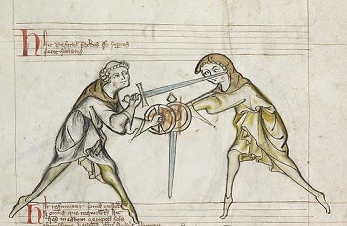 From the earliest known surviving European fechtbuch (combat manual). Fol. 27v of Royal Armouries Ms. I.33