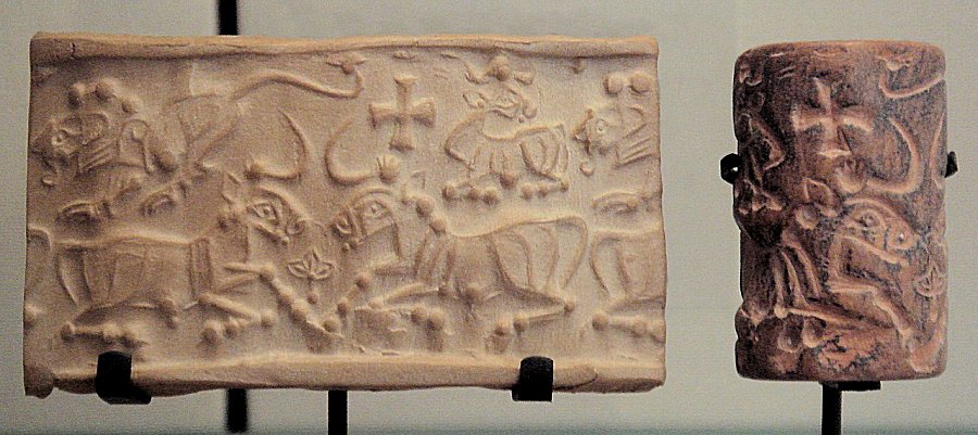 Susa III/ Proto-Elamite cylinder seal with bulls and lion, 3100-2900 BC, Louvre Museum, reference Sb 6166.