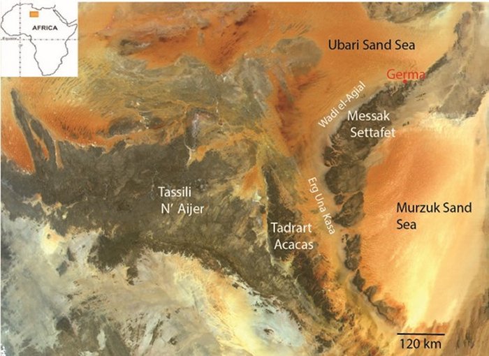 Map location and satellite aerial imagery showing the region and landscape where ancient societies and Garamantes lived. Credit: NASA/Luca Pietranera