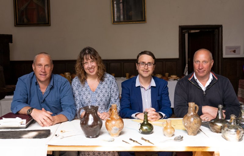 (L-R) Lincoln Barnwell, Prof Claire Jowitt, Dr Ben Redding and Julian Barnwell with some of the finds. Credit: University of East Anglia